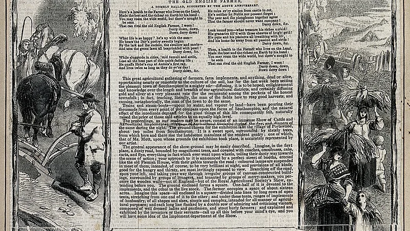 Newspaper illustrations of harvesters and Earl Spencer, Pres