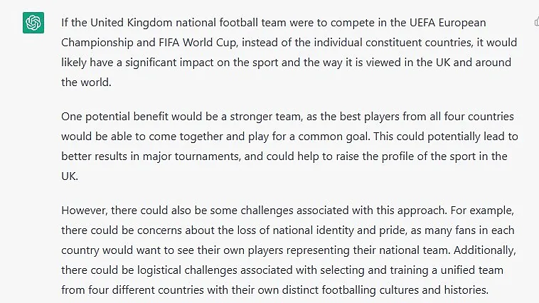 UK national football team considering compete in UEFA Euro and FIFA World Cup – ChatGPT
