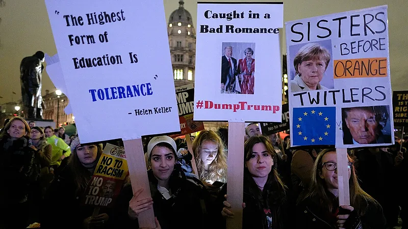 "The highest form of education is tolerance." - Helen Keller. Anti-Trump protesters in London's Parliament Square. (32993690716)