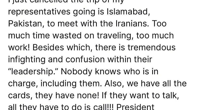 Trump Cancels Islamabad Talks With Iran on Truth Social